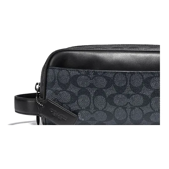 COACH Travel Kit Canvas With Leather Travel Bag Portable Makeup Bag Small Size Unisex Charcoal Black Monogram-4