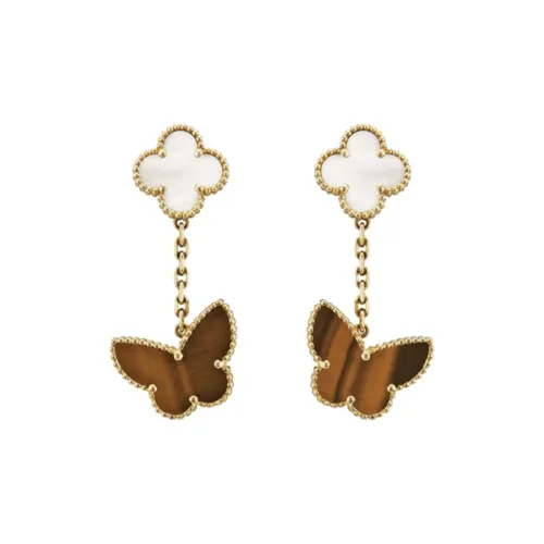Van Cleef & Arpels 18K Gold Mother Of Pearl Tiger's Eye Stone Earrings Women's Gold