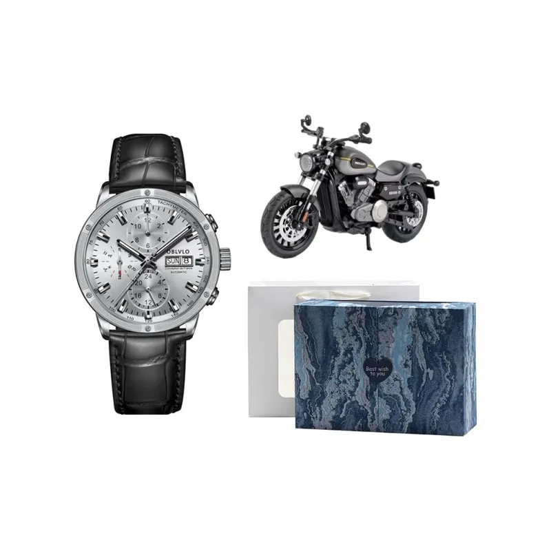 OBLVLO Automatic Mechanical Movement Cowhide Strap Watch Men's Watches Blue Dial-4