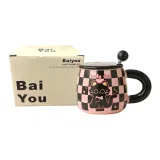 Black Pink Plaid Cat[Cup+Lid+Spoon]