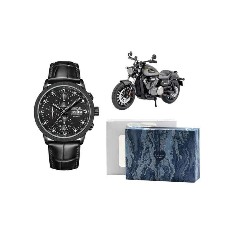 OBLVLO Automatic Mechanical Movement Cowhide Strap Watch Men's Watches Blue Dial-12
