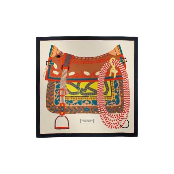 HERMES Silk Shawls Women's Natural Color/Navy Blue/Bright Yellow
