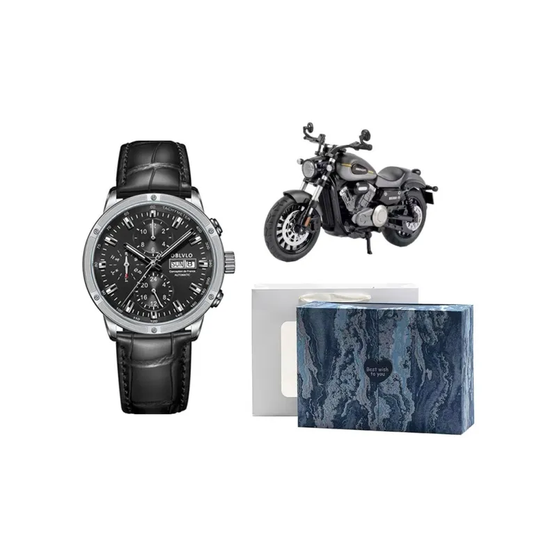 OBLVLO Automatic Mechanical Movement Cowhide Strap Watch Men's Watches Blue Dial-2