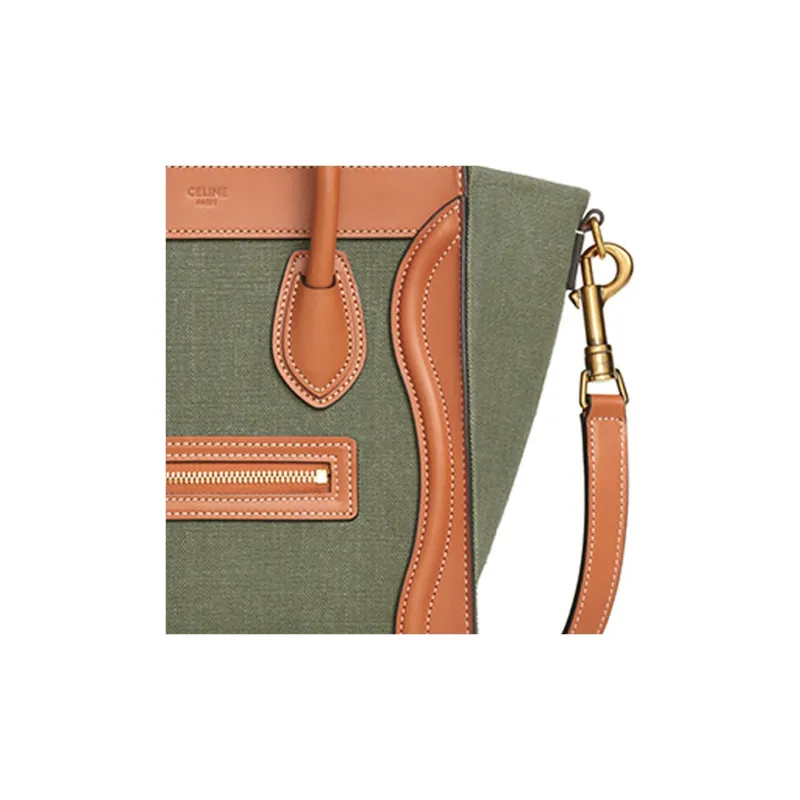 CELINE Luggage Fabric Cow Leather Patchwork One Shoulder Handbags Nano Women's Khaki Green/Tan-4