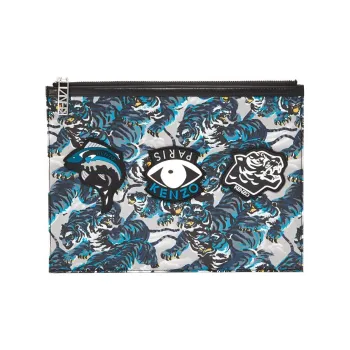 KENZO Polyester With Calfskin Clutch Large Size Men's Blue & Black & Multicolor