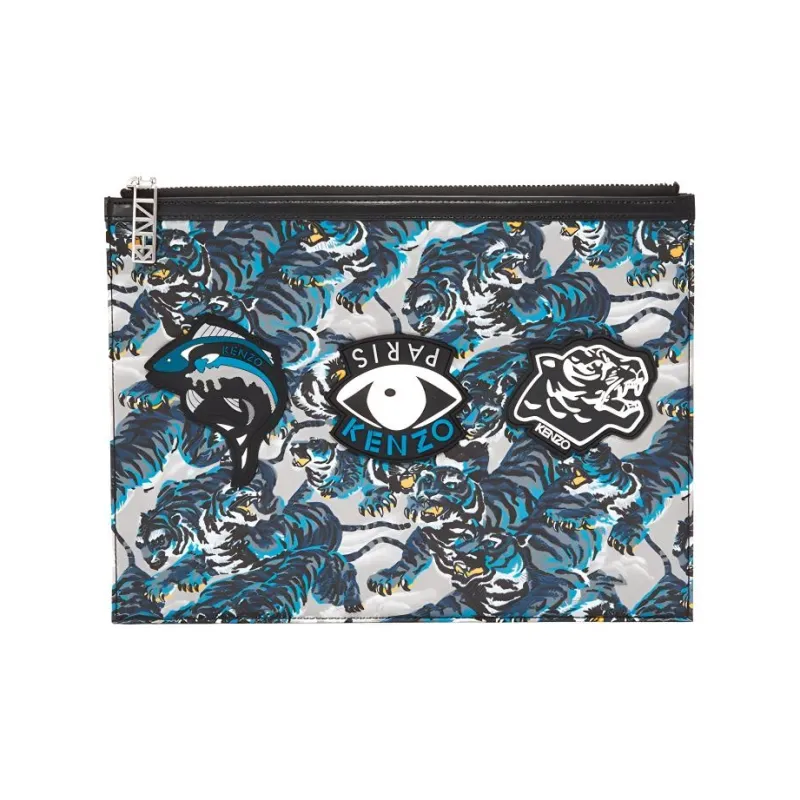 KENZO Polyester With Calfskin Clutch Large Size Men's Blue & Black & Multicolor-0