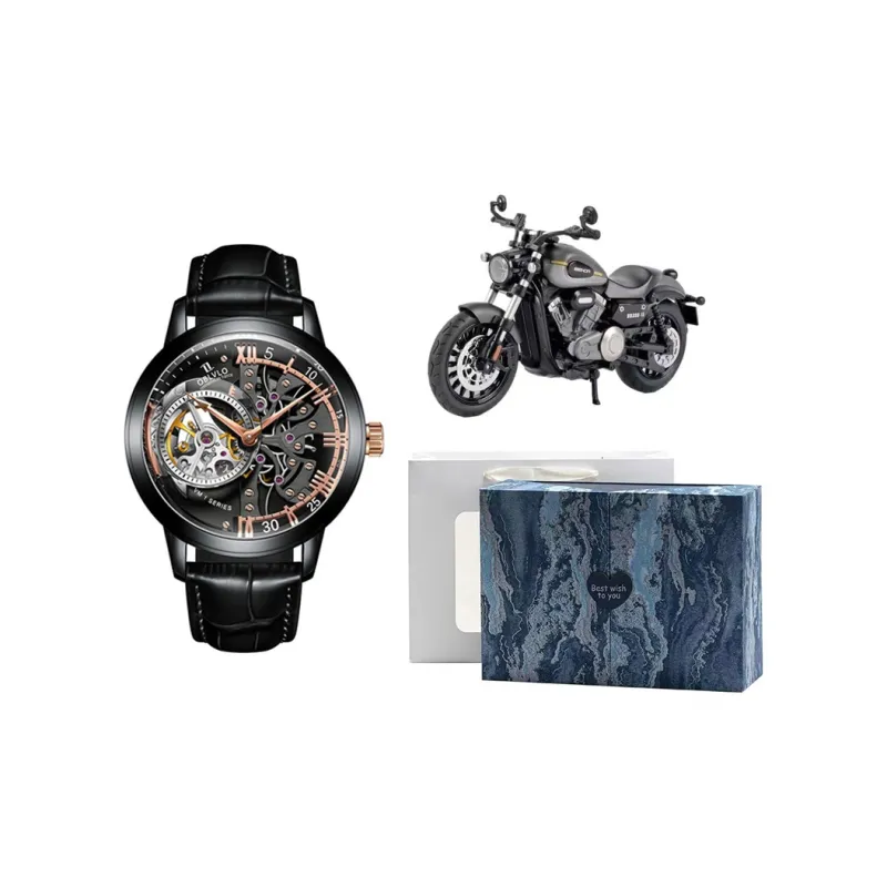 OBLVLO Automatic Mechanical Movement Cowhide Strap Men's Watches Black Dial-1