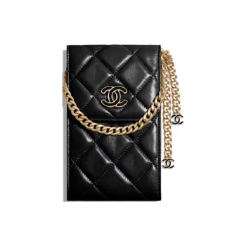 CHANEL Sheepskin Cell Phone Pouch Unisex Black