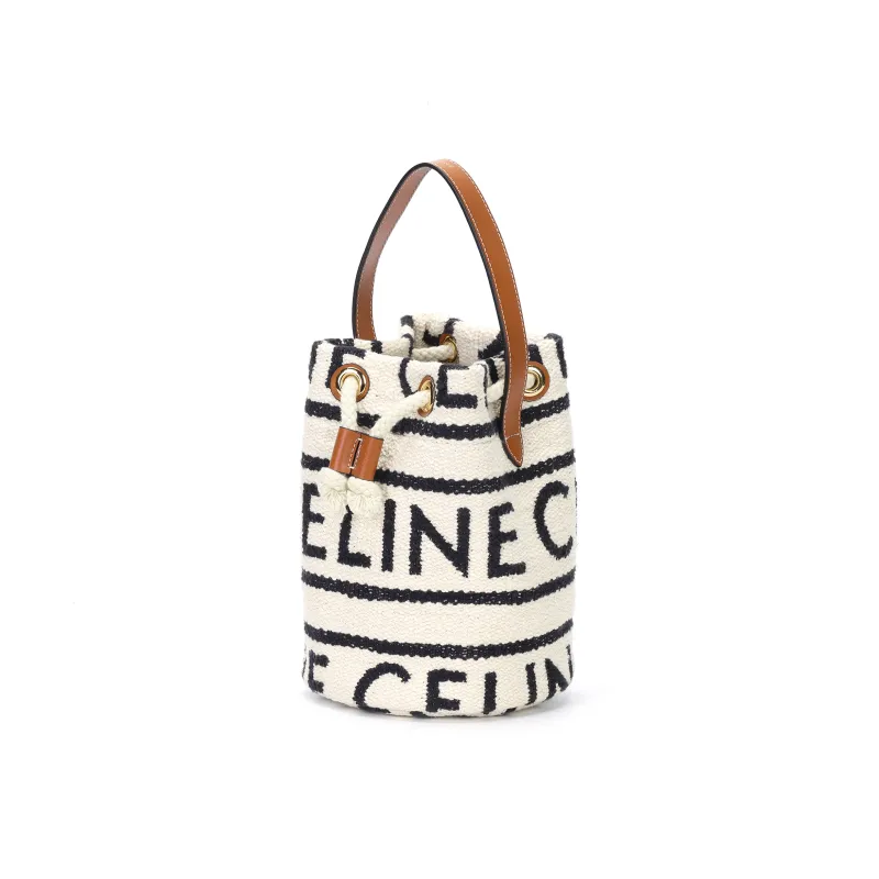 CELINE Calfskin Bucket Bags One Shoulder Handbags Regular Women's White Black-3