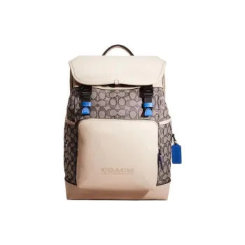 COACH League Classic Monogram Fabric Patchwork Soft Refined Leather Backpack Tubas Men's Gray & White