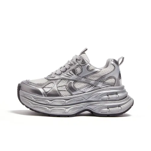 CAMEL Breathable Height Increasing Mid-Top Chunky Sneakers Women's Silver