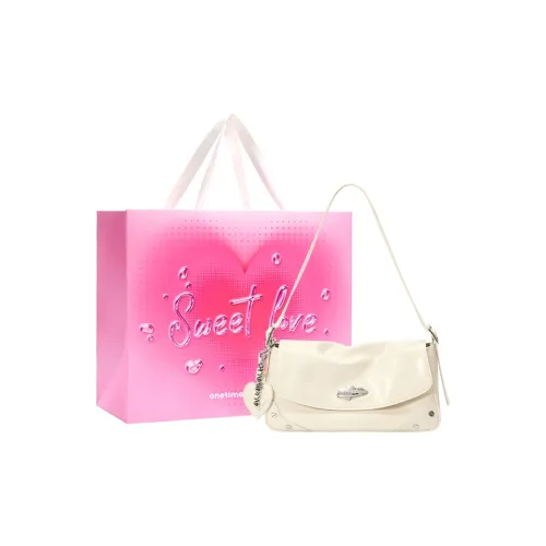 ONE TIME Synthetic Leather Shoulder Bag Medium Size Women's Milk White/Black Oil Wax