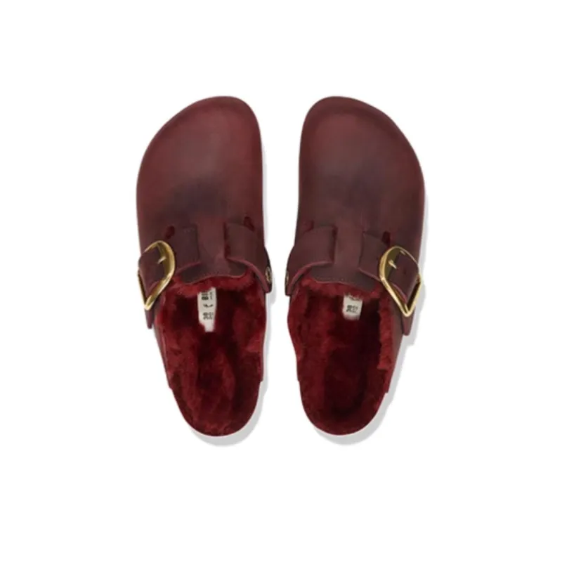 Birkenstock Boston Shearling Closed Toe Slippers Unisex Burgundy Narrow-2