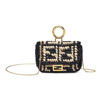 FENDI Baguette Woven Raffia Coin Purse Shoulder Bag Crossbody Bag Women's Black