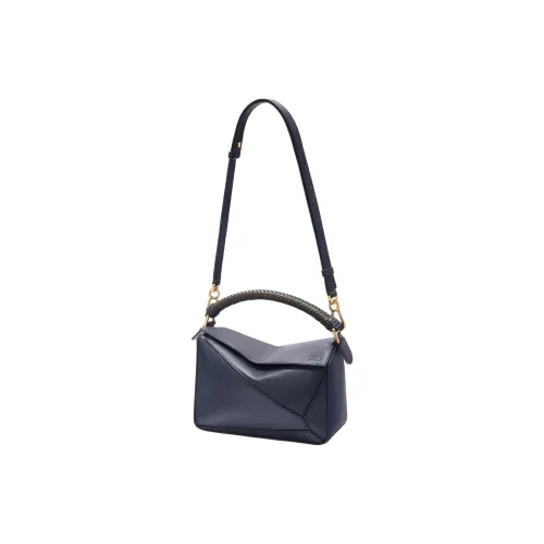 LOEWE Puzzle Calfskin One Shoulder Handbags Small Size Women's Deep Ink With Dark Khaki