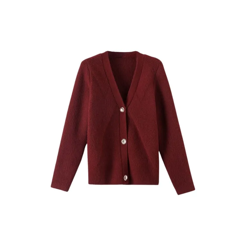 Late White Knitted Fabric Cardigan Women's Burgundy-1