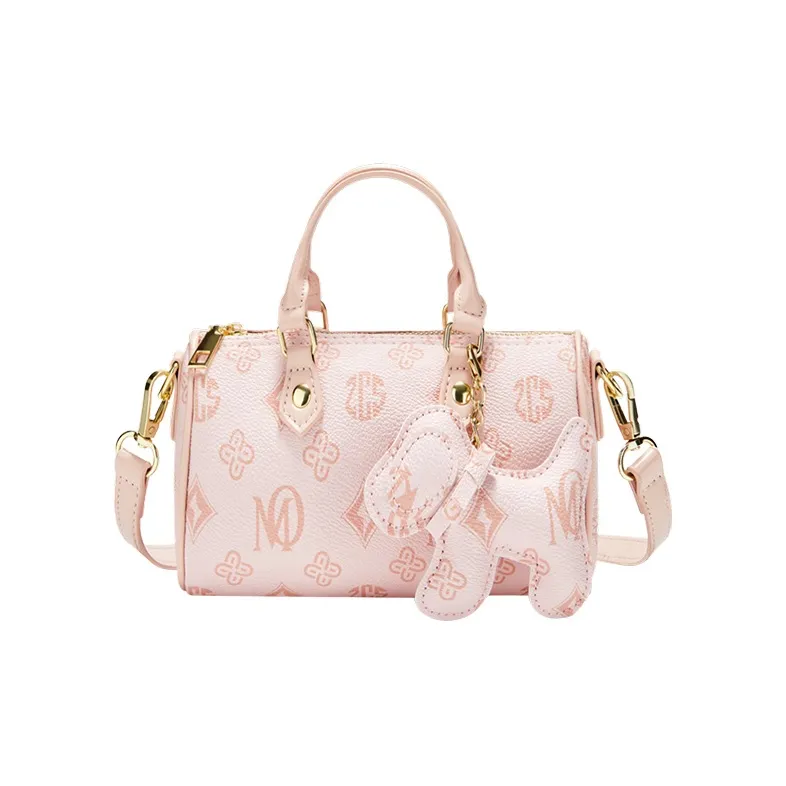 MARKANGARO Synthetic Leather Boston Bag Regular Unisex White/Dark Brown/Pink-1