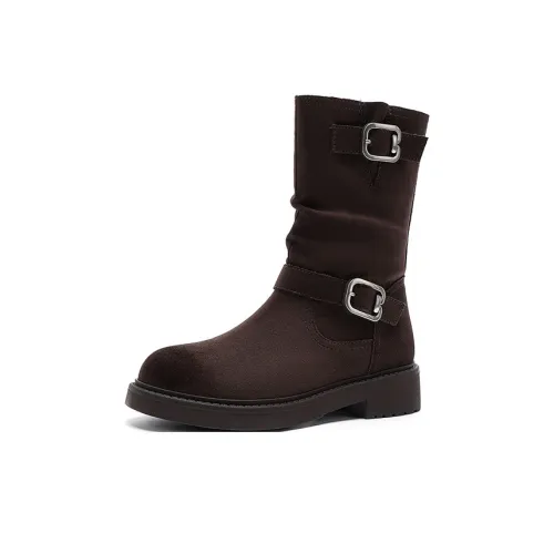 JOSINY Vintage Fashion Suede Flat Unlined Boots Crew Maillard Style Ankle Boots Women's Brown