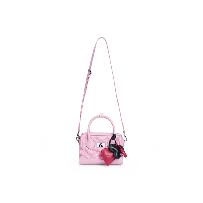 Karkki Cow Leather Boston Bag Handbag Medium Size Women's Pink-3
