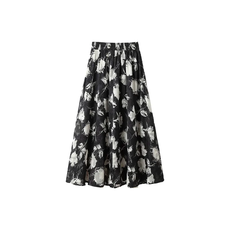 Cypress House Casual Long Skirt Women's Black With Beige Floral-1