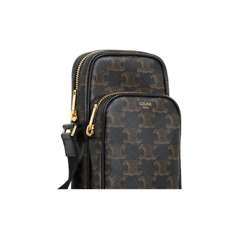 CELINE Triumphal Arch Cow Leather Pocket Messenger Bag Crossbody Bag Shoulder Bag Mini Men's Black-3