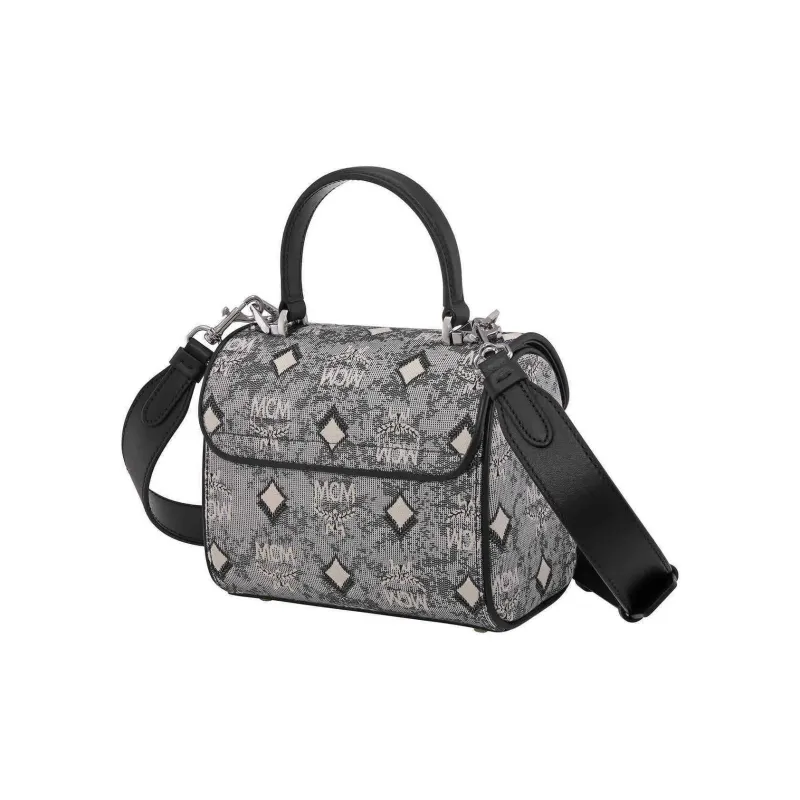 MCM Jacquard Fabric And Nappa Cow Leather Handbag Women's Gray-3