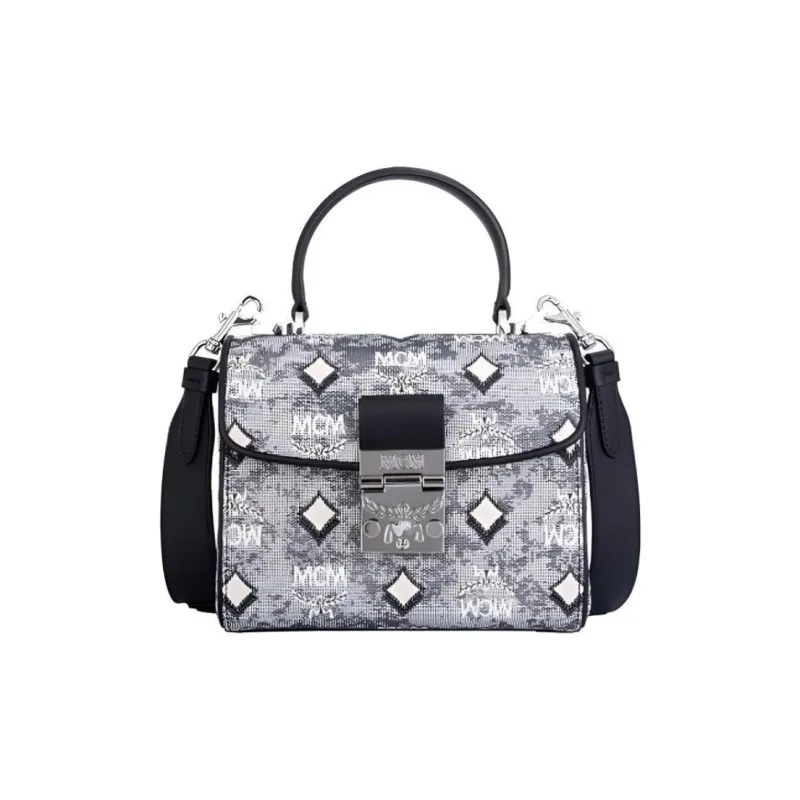 MCM Jacquard Fabric And Nappa Cow Leather Handbag Women's Gray-0
