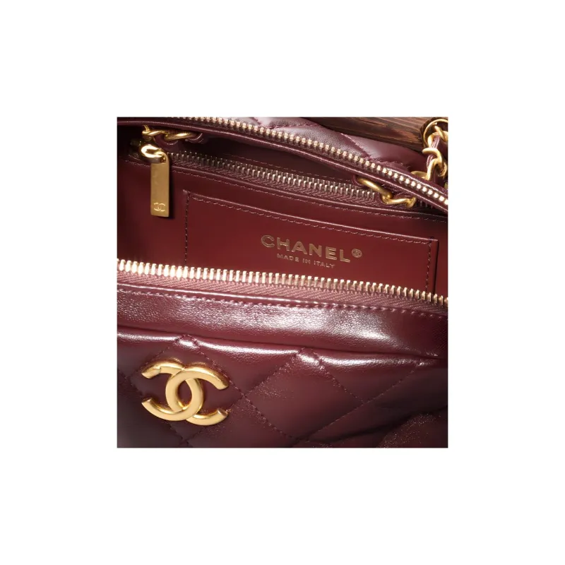 CHANEL Lambskin Acacia Wood Bowling Bag Shoulder Bag Mini Women's Burgundy-3