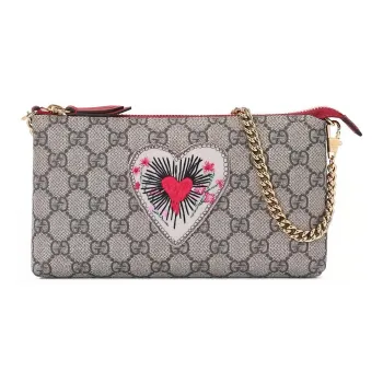 GUCCI Leather Trim One Shoulder Crossbody Clutches Women's Ebony & Red