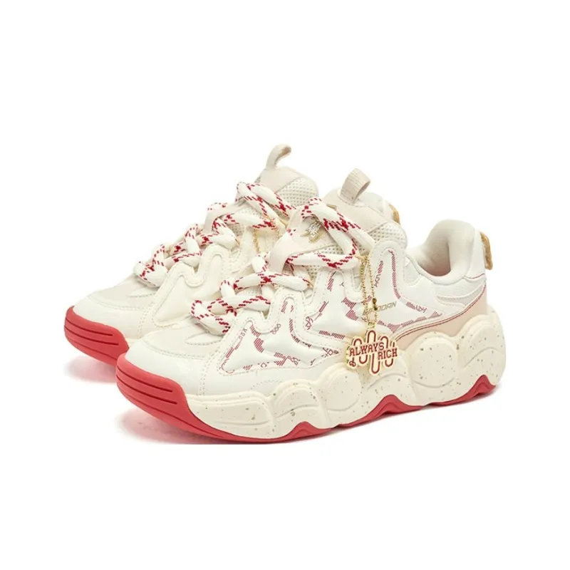 QIAODAN Get Rich Every Day Lightweight Coverage Cushioning Low Top Chunky Sneakers Women's Beige Red-1