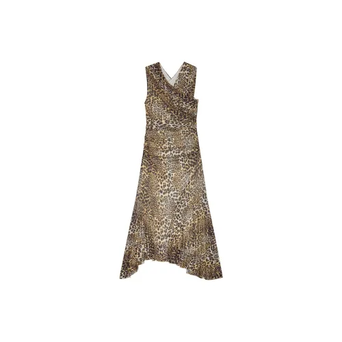 GANNI Leopard Ruched V-Neck Dress