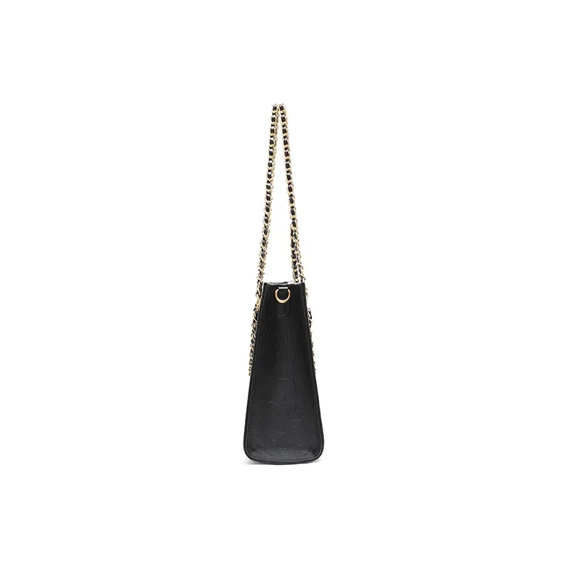 VALUNCICA EUROPHAM Cowhide Leather Chain Tote Commute Versatile One Shoulder Shoulder Bag Large Size Women's Black-6
