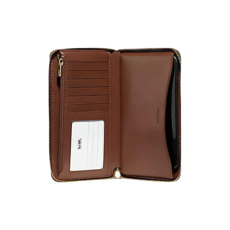 COACH Canvas With Leather Cell Phone Pouch Wallet Trumpets Women's Khaki & Dark Brown-1