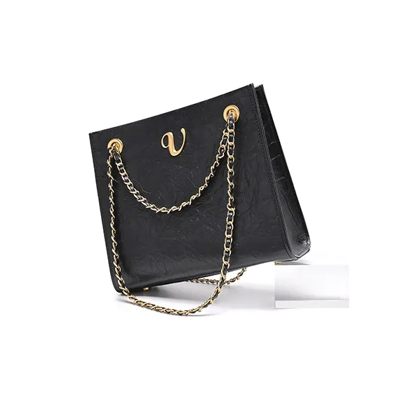 VALUNCICA EUROPHAM Cowhide Leather Chain Tote Commute Versatile One Shoulder Shoulder Bag Large Size Women's Black-3