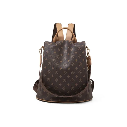 Old Man's Head PVC Synthetic Leather Backpack Regular Women's Coffee