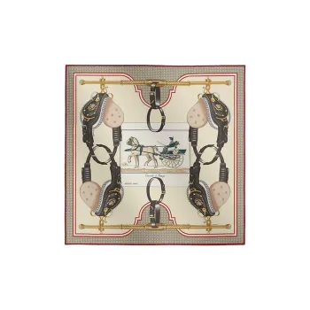 HERMES Mulberry Silk Scarves Women's Vanilla/Charcoal Gray