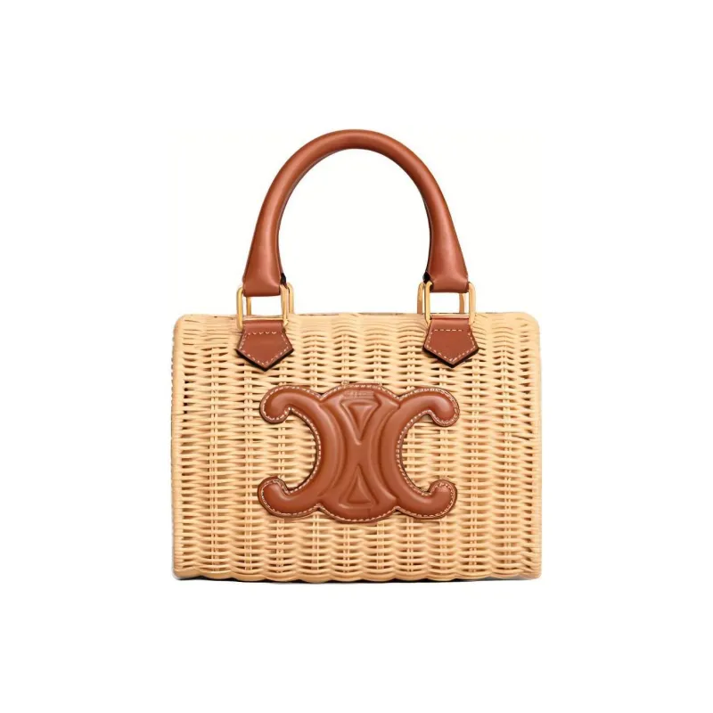 CELINE Wicker With Calfskin Shoulder Bag, Crossbody Bag, Handbag Small Size Women's Natural & Tan-0