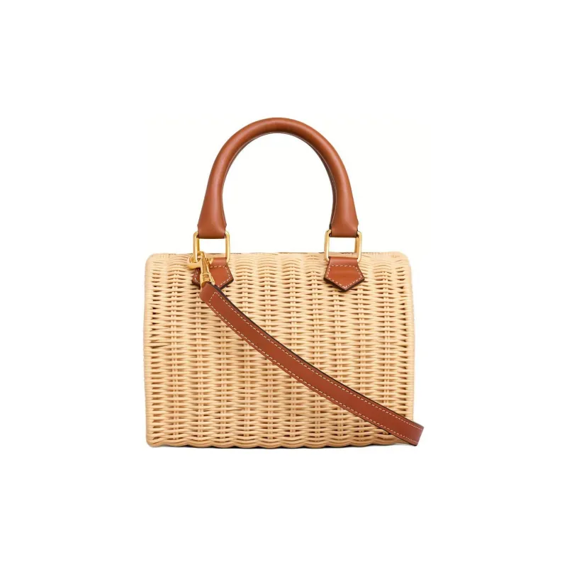 CELINE Wicker With Calfskin Shoulder Bag, Crossbody Bag, Handbag Small Size Women's Natural & Tan-3