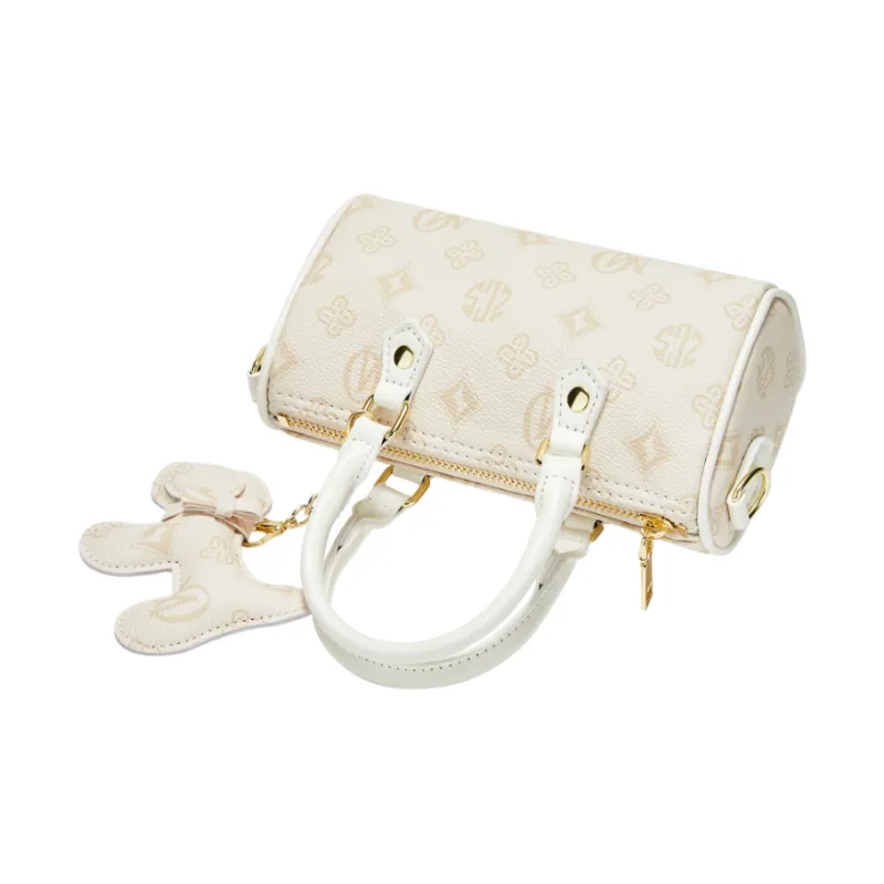 MARKANGARO Synthetic Leather Boston Bag Regular Unisex White/Dark Brown/Pink-12