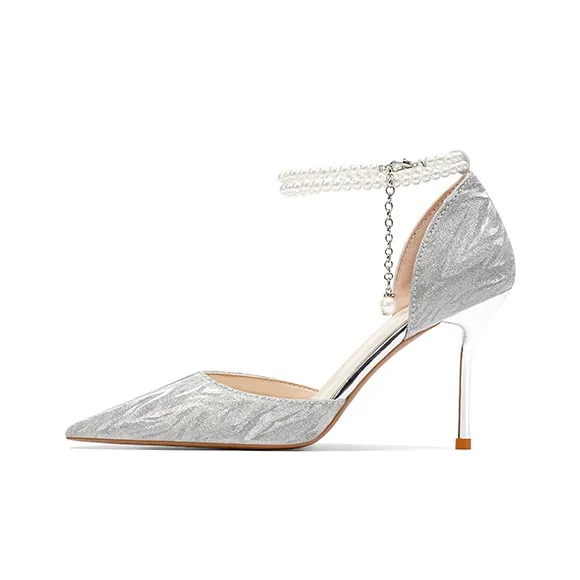 ROBINHOOD Castle 3D Box Slim Heel High Heels 8cm Women's Silver-1