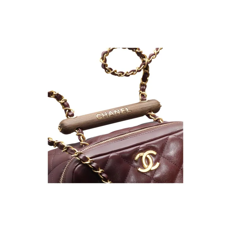 CHANEL Lambskin Acacia Wood Bowling Bag Shoulder Bag Mini Women's Burgundy-2