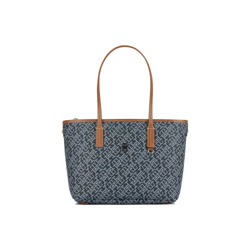 Tommy Hilfiger Artificial Leather Tote Bag, Shopping Bag, Shoulder Bag Tubas Women's Light Gray Blue Print/Khaki Print