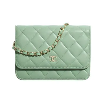 CHANEL Lambskin And Gold Metal Wallet Mini Women's Green