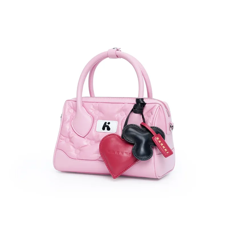 Karkki Cow Leather Boston Bag Handbag Medium Size Women's Pink-1