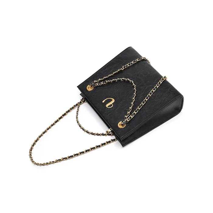 VALUNCICA EUROPHAM Cowhide Leather Chain Tote Commute Versatile One Shoulder Shoulder Bag Large Size Women's Black-4