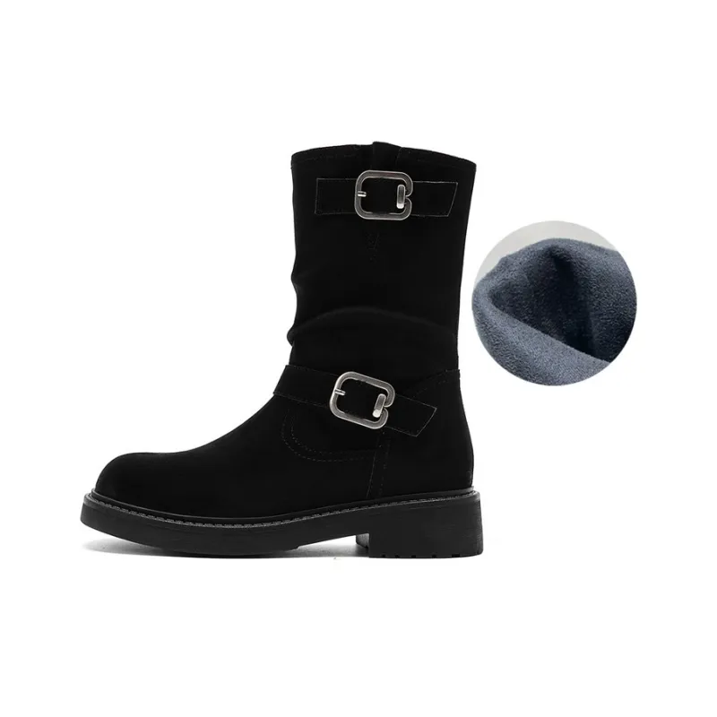 JOSINY Vintage Style Fleece-Lined Warm Single Boot Flat Crew Ankle Boots Women's Black-1