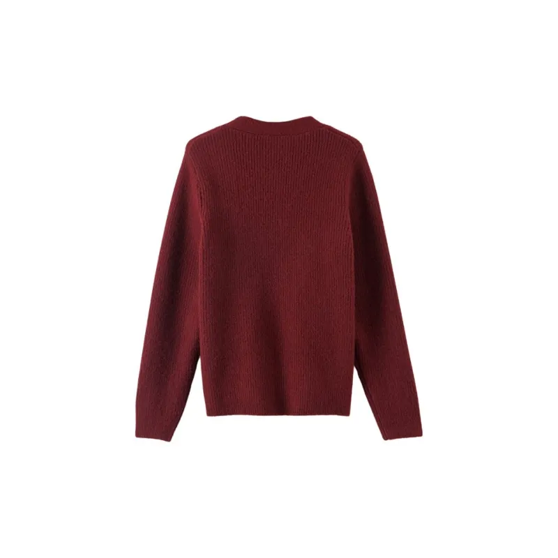 Late White Knitted Fabric Cardigan Women's Burgundy-2