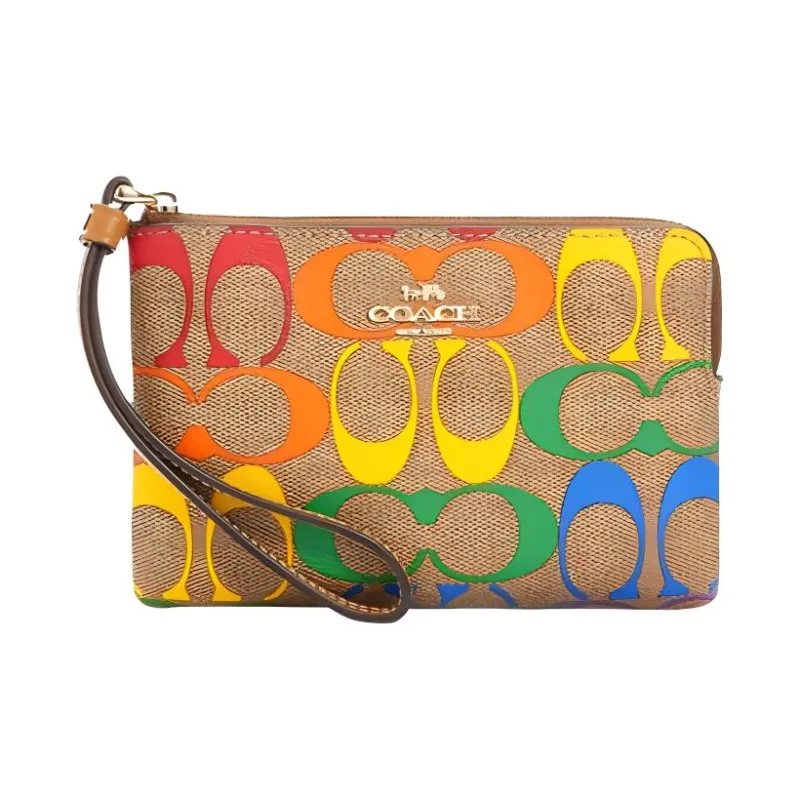 COACH Corner Zip Canvas With Leather Clutch Coin Purse Wrist Bag Women's Khaki With Rainbow Monogram-0
