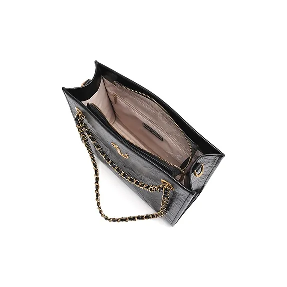 VALUNCICA EUROPHAM Cowhide Leather Chain Tote Commute Versatile One Shoulder Shoulder Bag Large Size Women's Black-5
