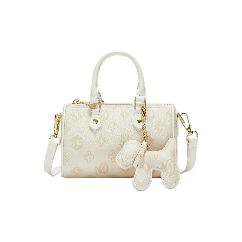 MARKANGARO Synthetic Leather Boston Bag Regular Unisex White/Dark Brown/Pink-11